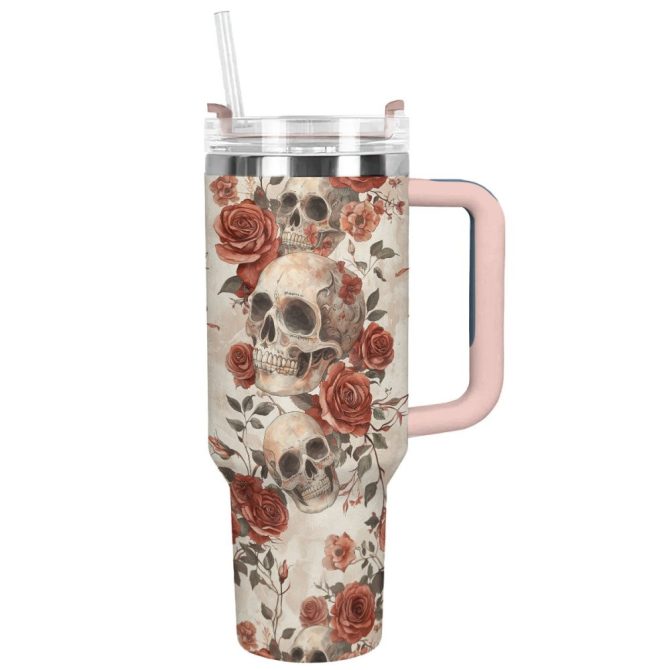 Skull With Flower Custom Stanley Quencher 40Oz Stainless Steel Tumbler With Handle