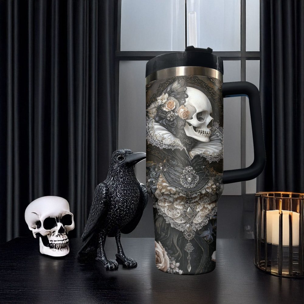 Skull With Flower Custom Stanley Quencher 40Oz Stainless Steel Tumbler With Handle - Image 4