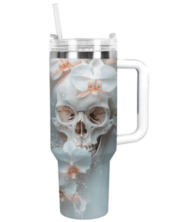 Skull With Flower Custom Stanley Quencher 40Oz Stainless Steel Tumbler With Handle