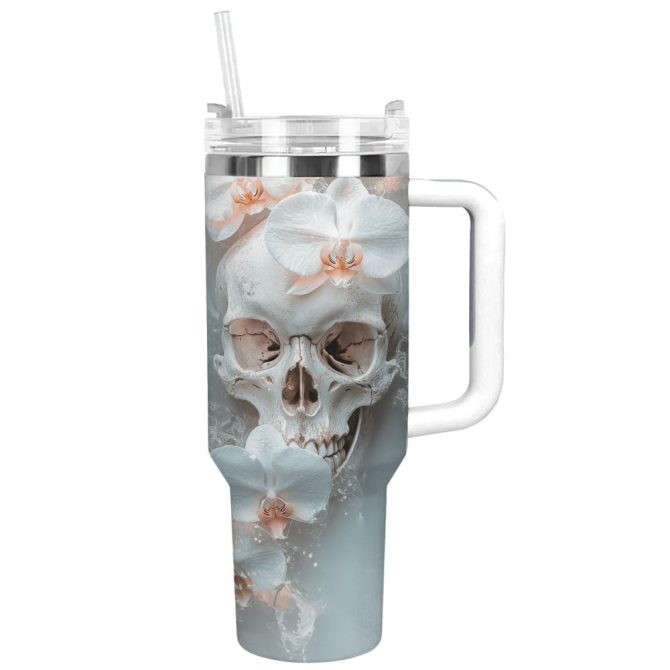 Skull With Flower Custom Stanley Quencher 40Oz Stainless Steel Tumbler With Handle