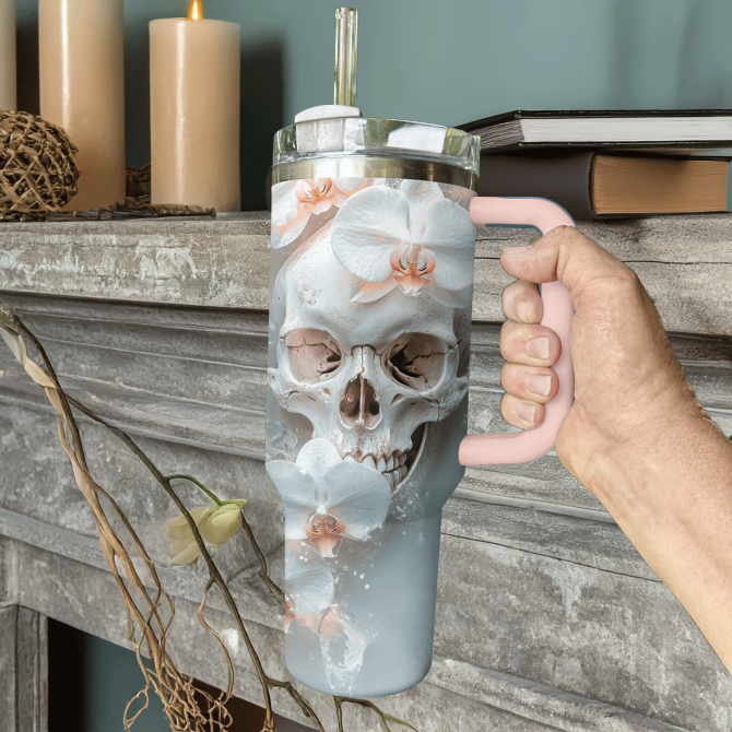 Skull With Flower Custom Stanley Quencher 40Oz Stainless Steel Tumbler With Handle - Image 3