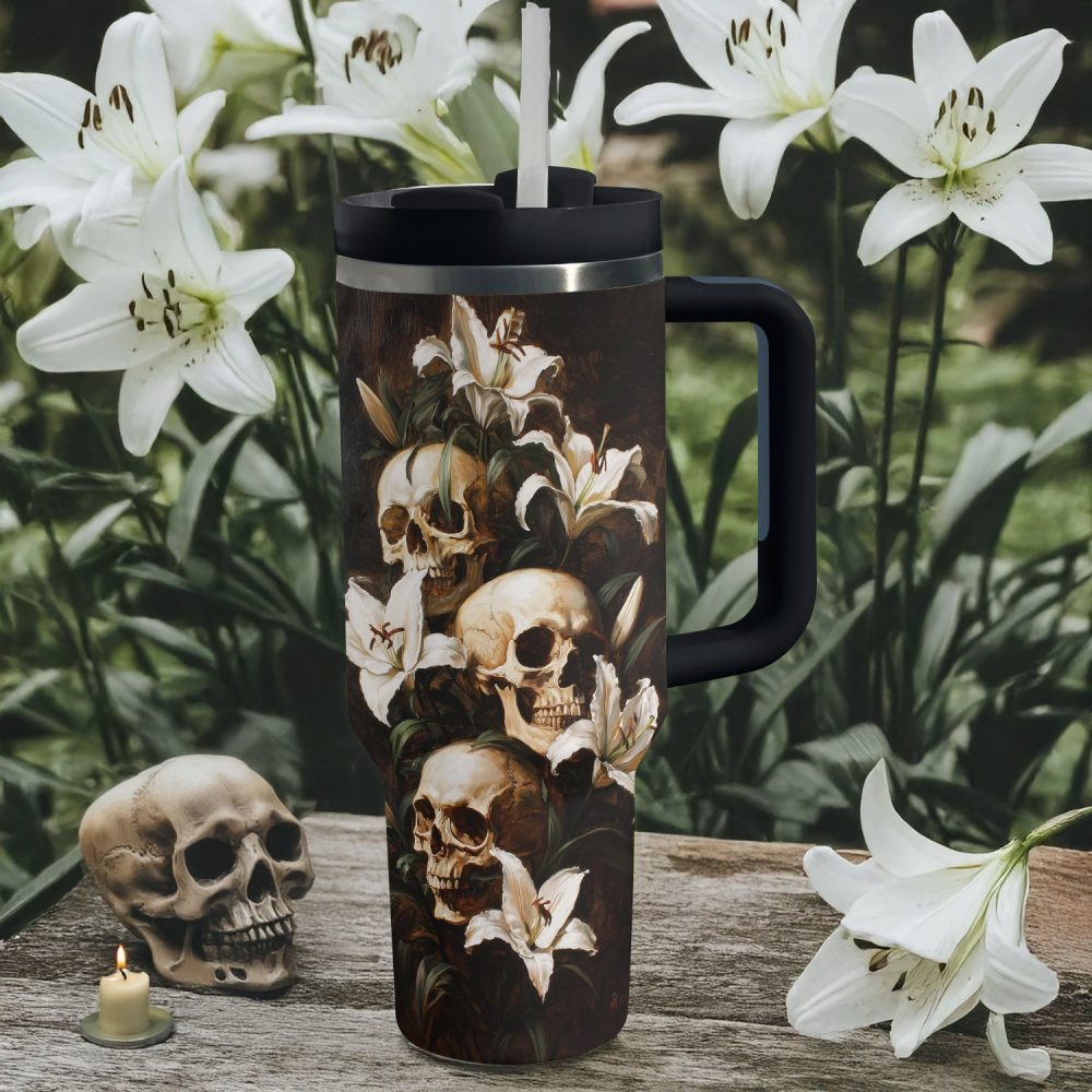 Skull With Flower Custom Stanley Quencher 40Oz Stainless Steel Tumbler With Handle - Image 2