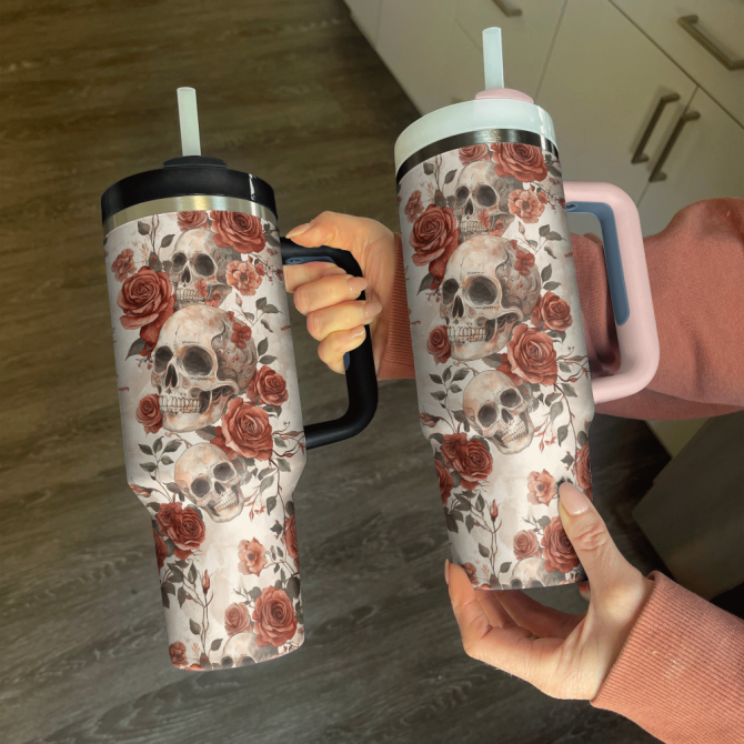 Skull With Flower Custom Stanley Quencher 40Oz Stainless Steel Tumbler With Handle - Image 4