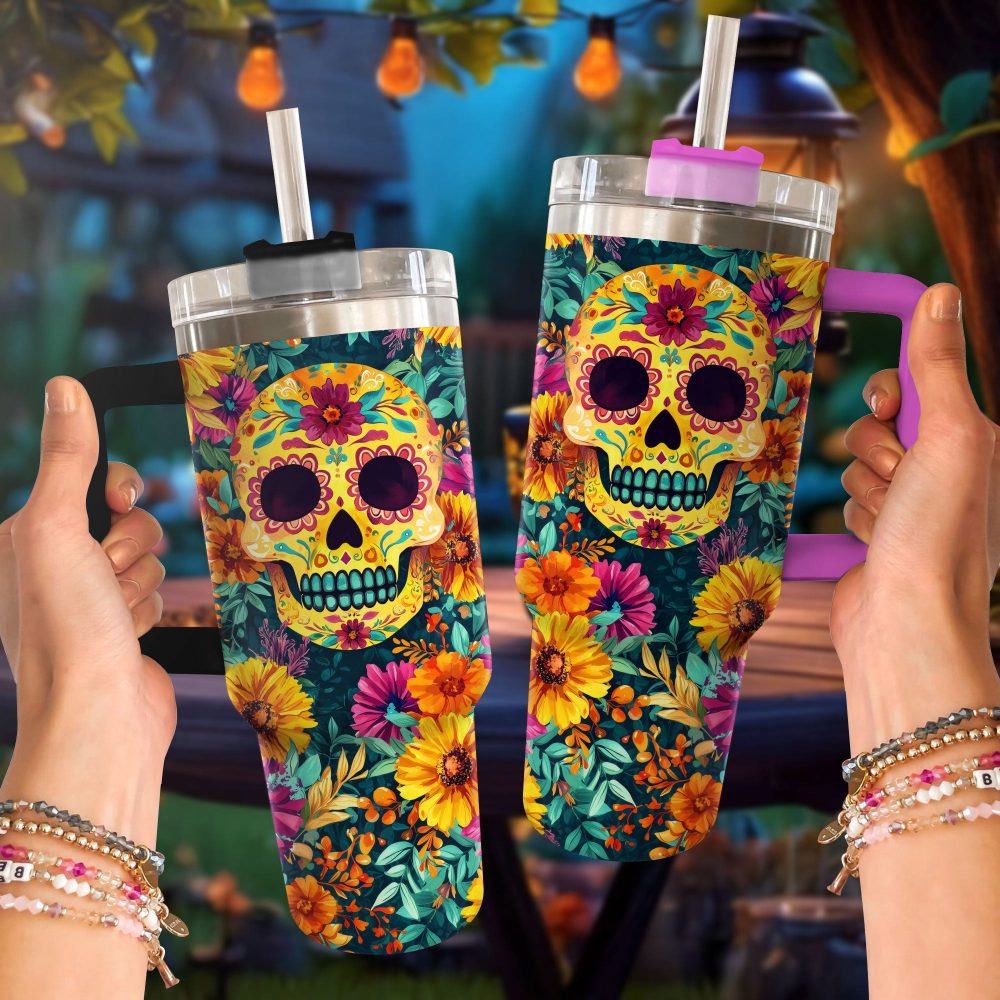 Skull With Flower Custom Stanley Quencher 40Oz Stainless Steel Tumbler With Handle - Image 2