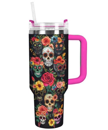 Skull With Flower Custom Stanley Quencher 40Oz Stainless Steel Tumbler With Handle