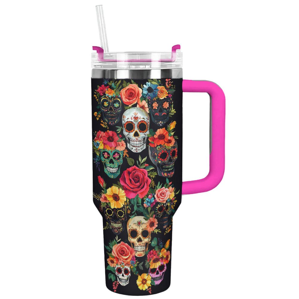 Skull With Flower Custom Stanley Quencher 40Oz Stainless Steel Tumbler With Handle