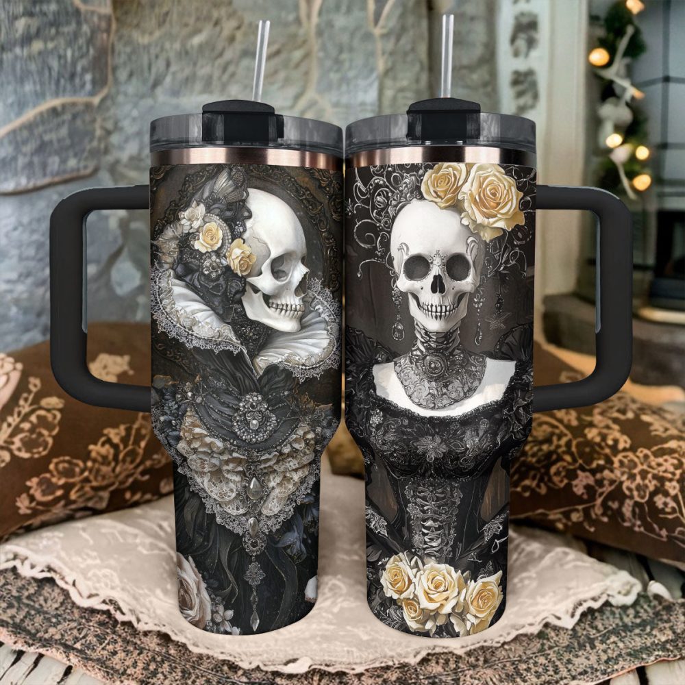 Skull With Flower Custom Stanley Quencher 40Oz Stainless Steel Tumbler With Handle - Image 2