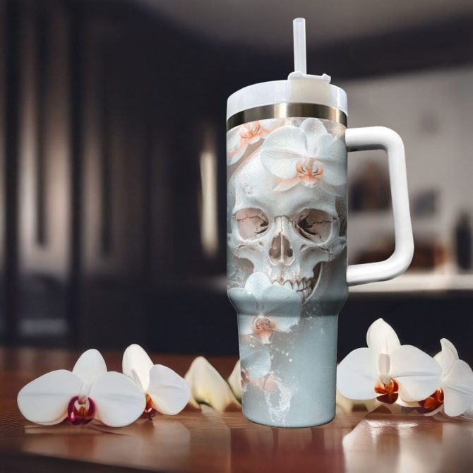 Skull With Flower Custom Stanley Quencher 40Oz Stainless Steel Tumbler With Handle - Image 2