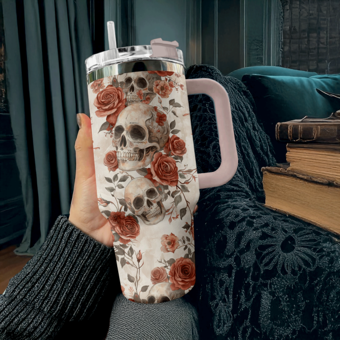Skull With Flower Custom Stanley Quencher 40Oz Stainless Steel Tumbler With Handle - Image 2