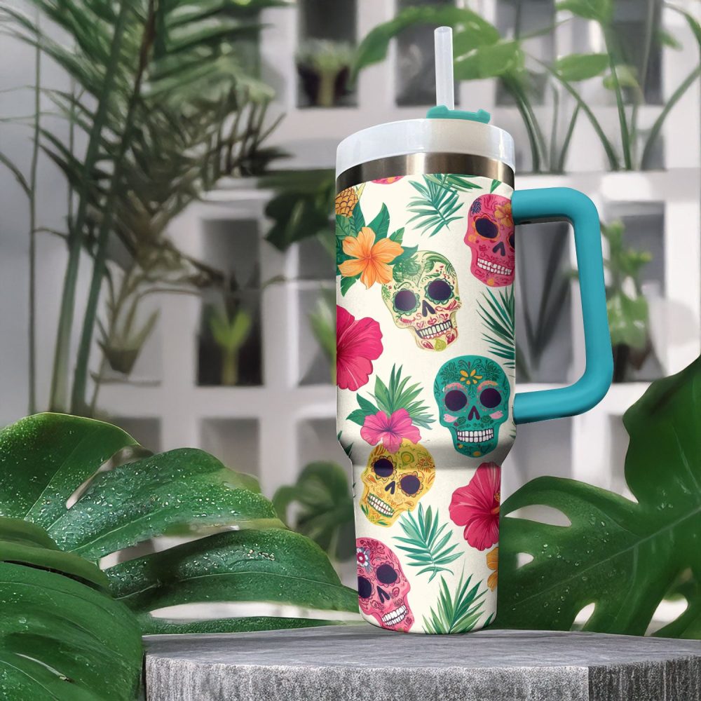 Skull With Flower Custom Stanley Quencher 40Oz Stainless Steel Tumbler With Handle - Image 3