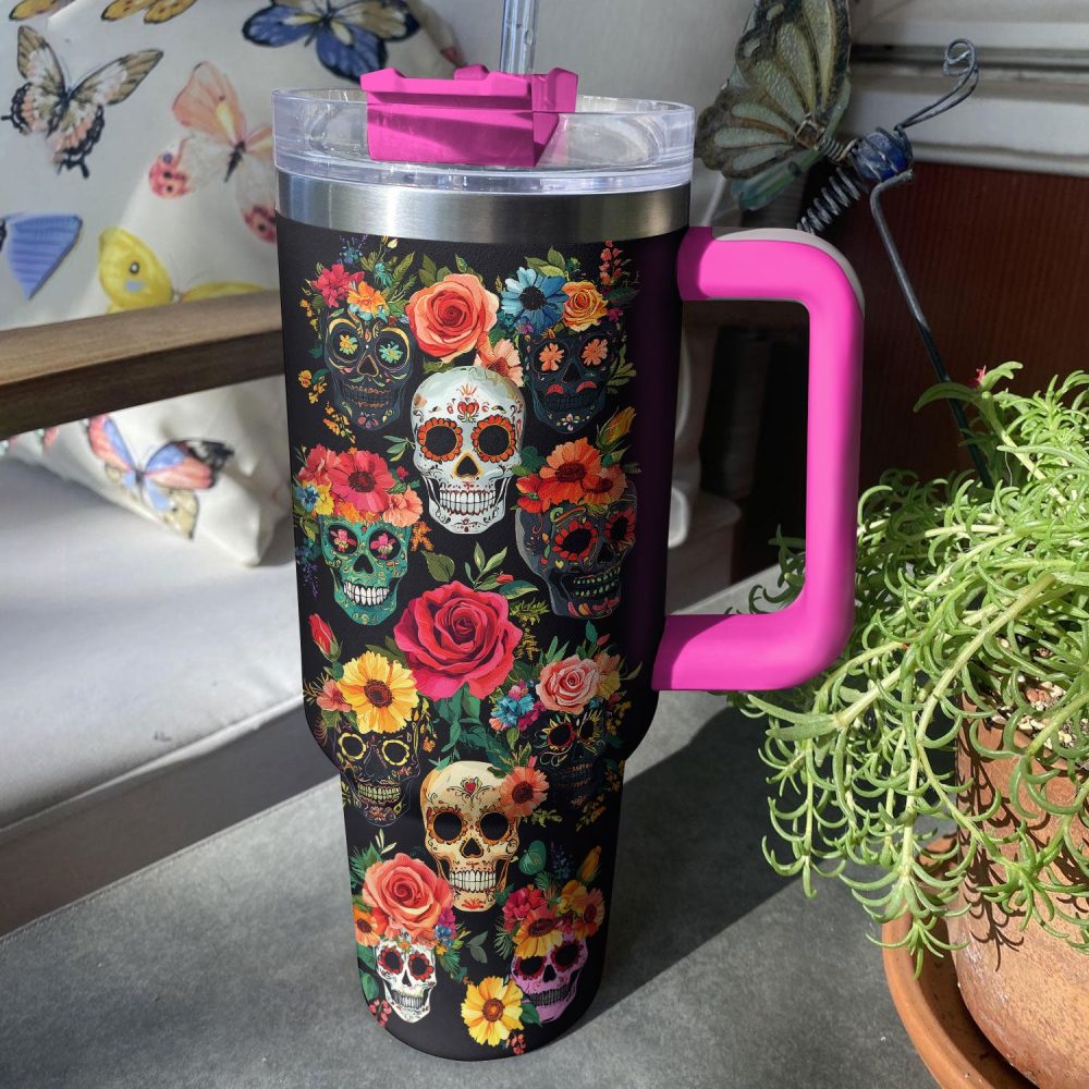 Skull With Flower Custom Stanley Quencher 40Oz Stainless Steel Tumbler With Handle - Image 2