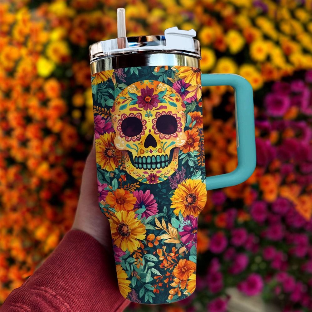 Skull With Flower Custom Stanley Quencher 40Oz Stainless Steel Tumbler With Handle - Image 4