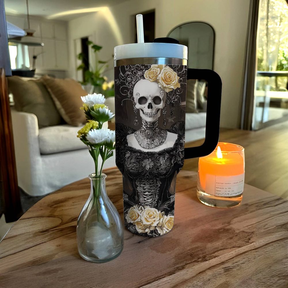 Skull With Flower Custom Stanley Quencher 40Oz Stainless Steel Tumbler With Handle - Image 3