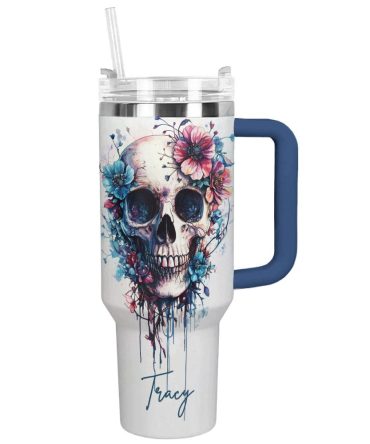 Skull With Flower Custom Stanley Quencher 40Oz Stainless Steel Tumbler With Handle