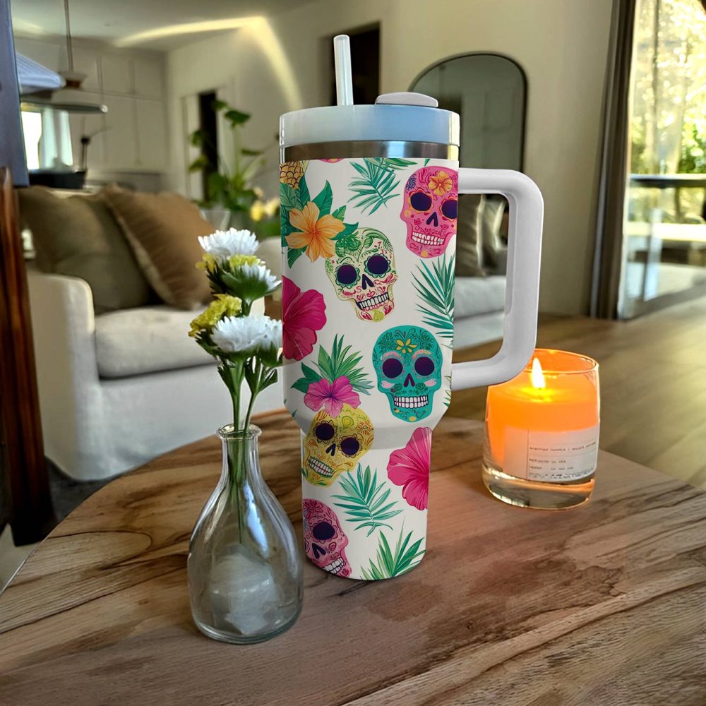 Skull With Flower Custom Stanley Quencher 40Oz Stainless Steel Tumbler With Handle - Image 4
