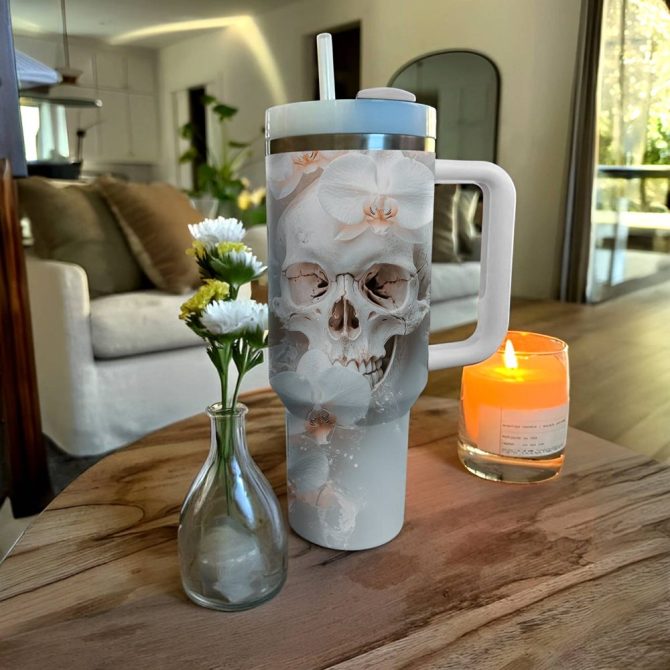 Skull With Flower Custom Stanley Quencher 40Oz Stainless Steel Tumbler With Handle - Image 4
