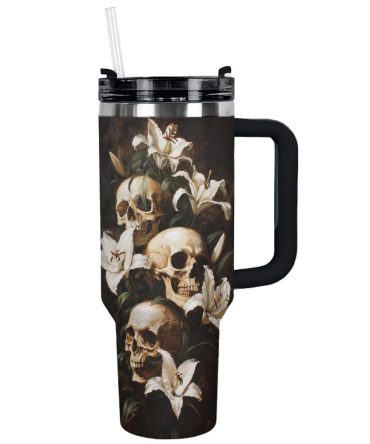 Skull With Flower Custom Stanley Quencher 40Oz Stainless Steel Tumbler With Handle