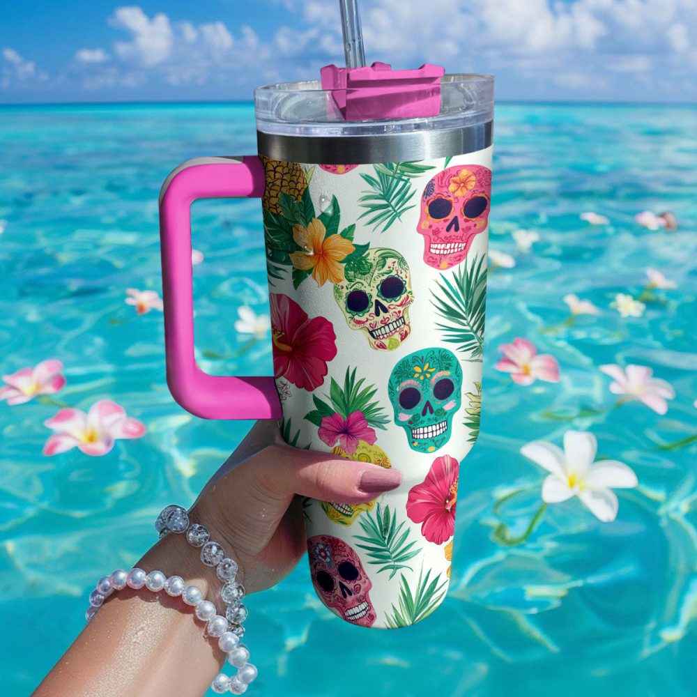 Skull With Flower Custom Stanley Quencher 40Oz Stainless Steel Tumbler With Handle - Image 2