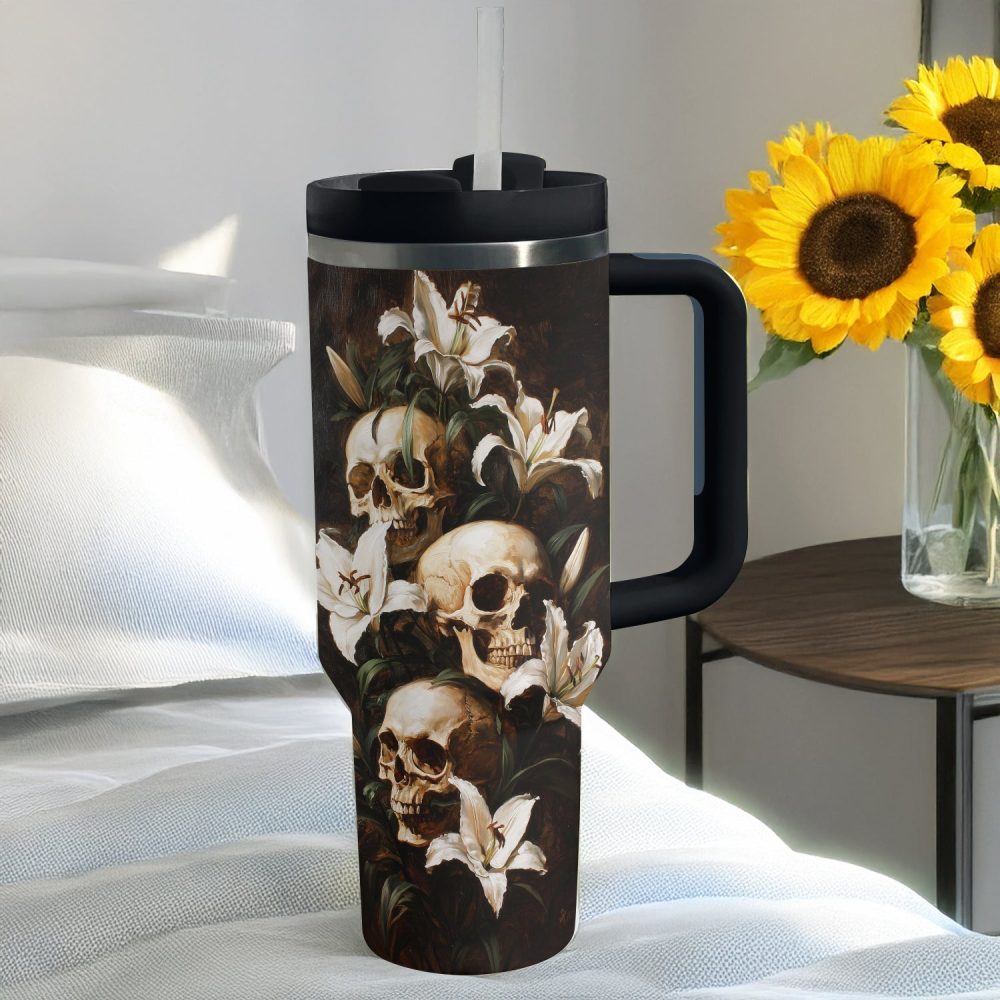 Skull With Flower Custom Stanley Quencher 40Oz Stainless Steel Tumbler With Handle - Image 4