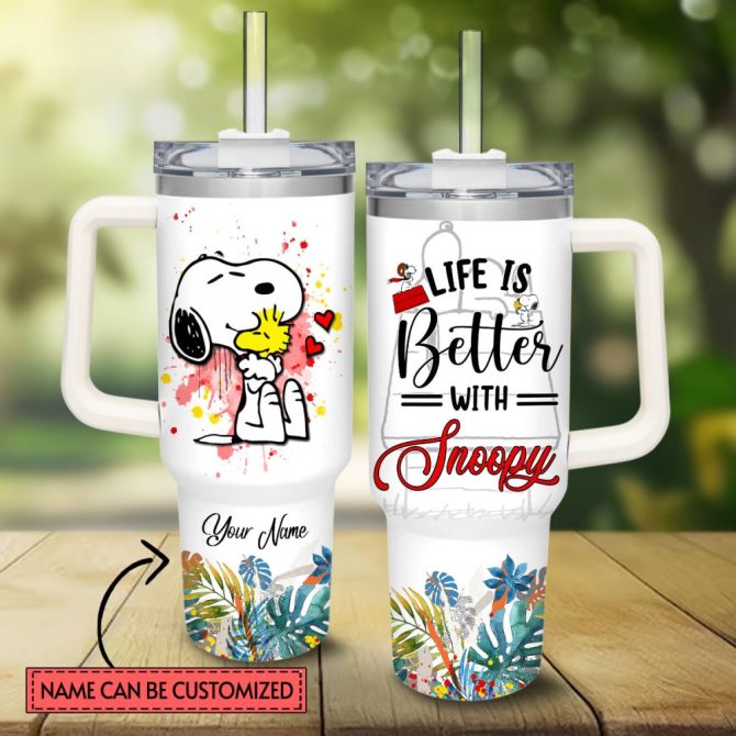 Snoopy Peanuts Cartoon Custom Stanley Quencher 40Oz Stainless Steel Tumbler With Handle