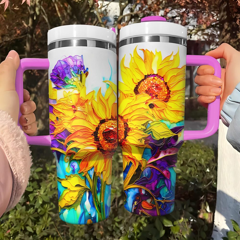 Sparkling Sunflowers Custom Stanley Quencher 40Oz Stainless Steel Tumbler With Handle