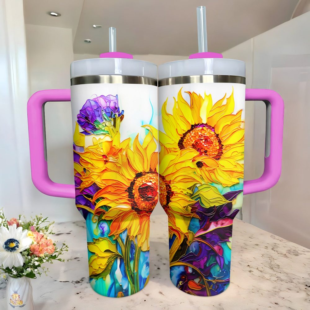 Sparkling Sunflowers Custom Stanley Quencher 40Oz Stainless Steel Tumbler With Handle - Image 2