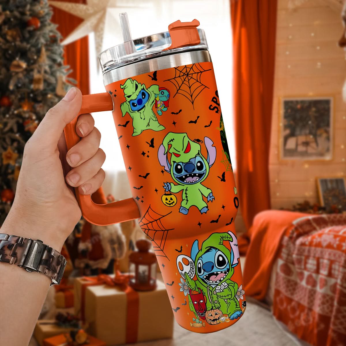 Stitch And The Nightmare Before Christmas Movies Custom Stanley Quencher 40Oz Stainless Steel Tumbler With Handle - Image 2