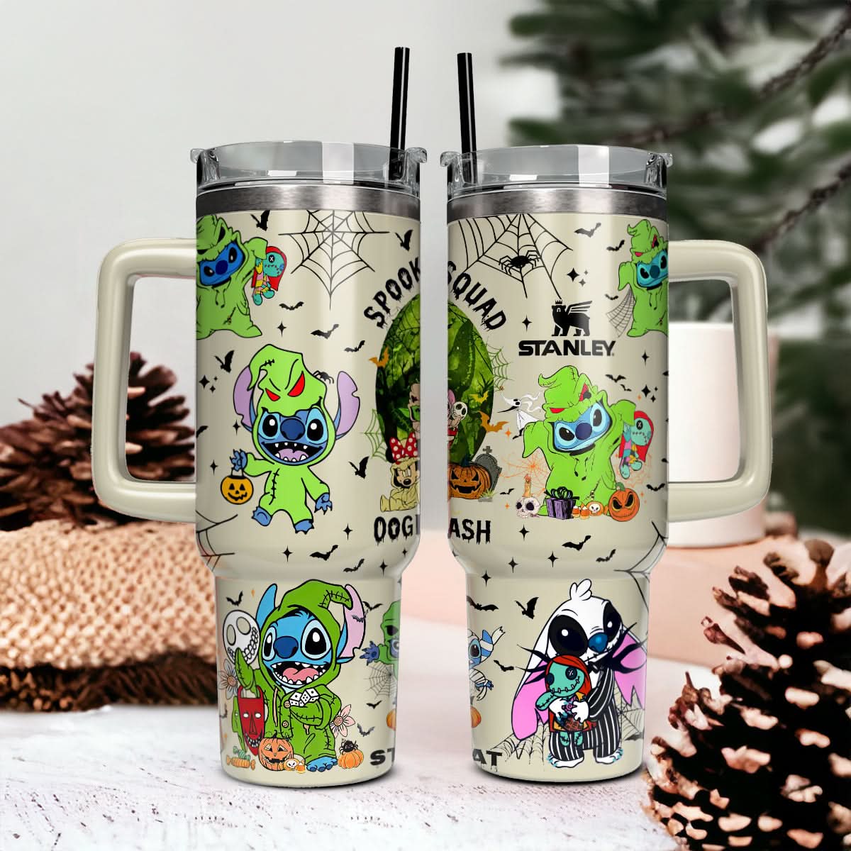 Stitch And The Nightmare Before Christmas Movies Custom Stanley Quencher 40Oz Stainless Steel Tumbler With Handle