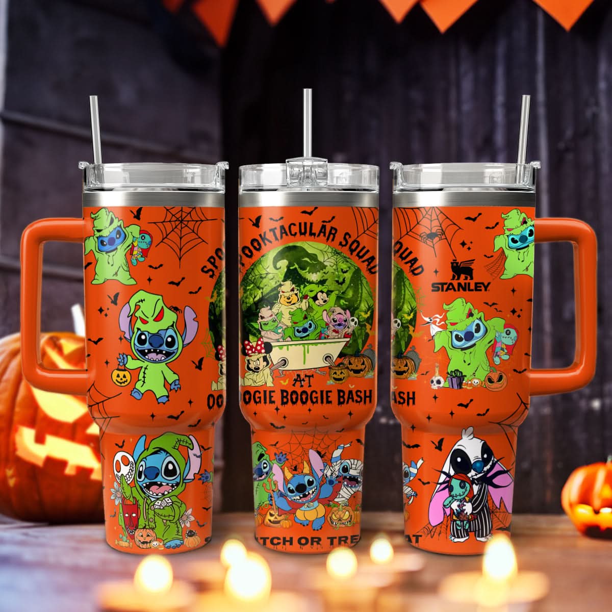 Stitch And The Nightmare Before Christmas Movies Custom Stanley Quencher 40Oz Stainless Steel Tumbler With Handle