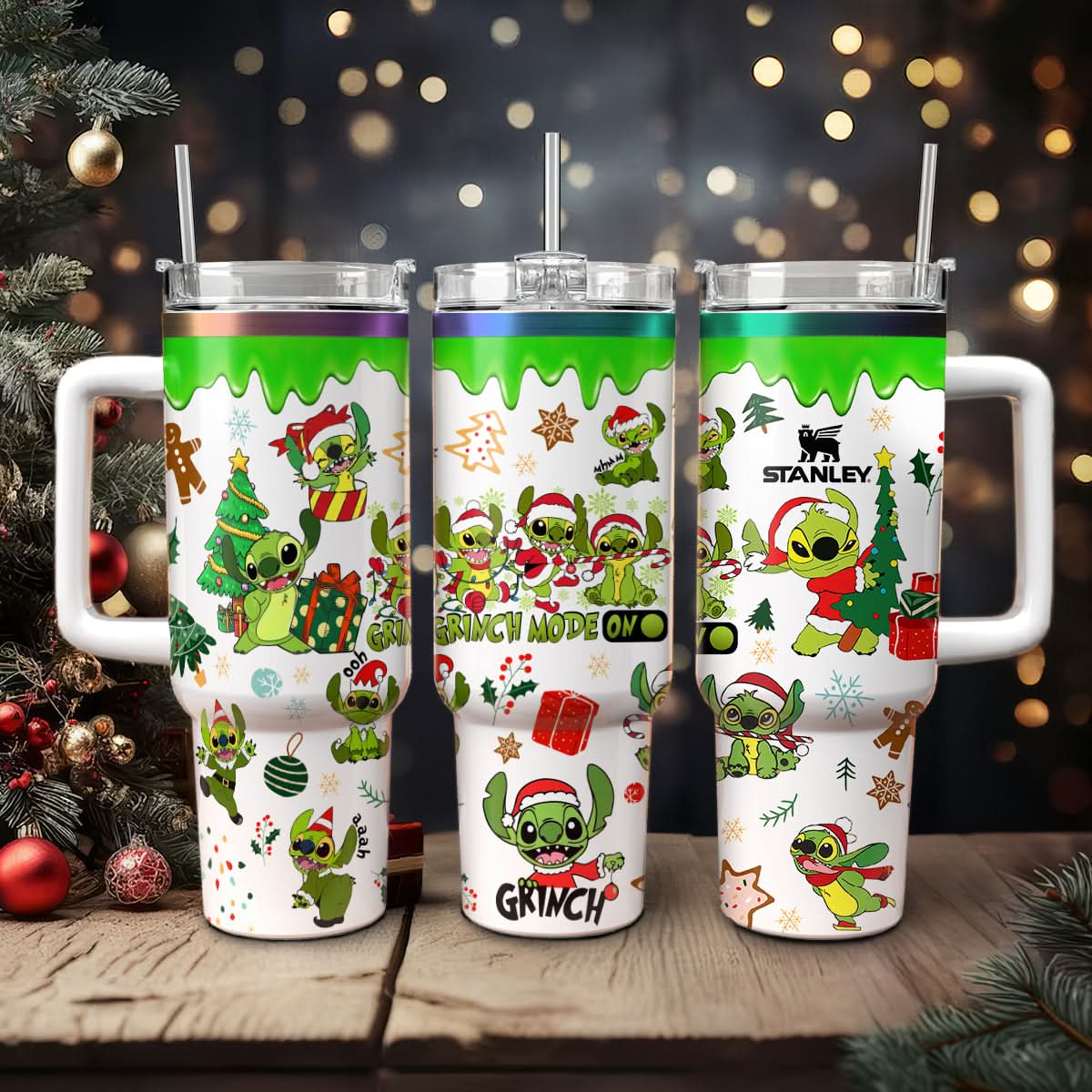 Stitch Cosplay Grinch Cartoon Christmas Custom Stanley Quencher 40Oz Stainless Steel Tumbler With Handle