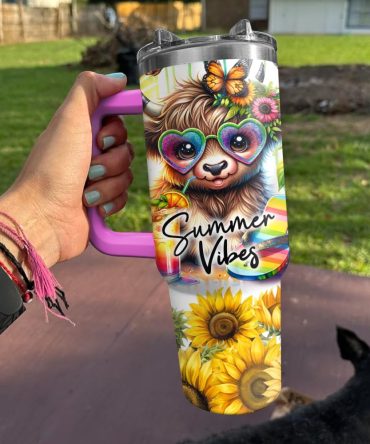 Summer Vibes Highland Cows Custom Stanley Quencher 40Oz Stainless Steel Tumbler With Handle