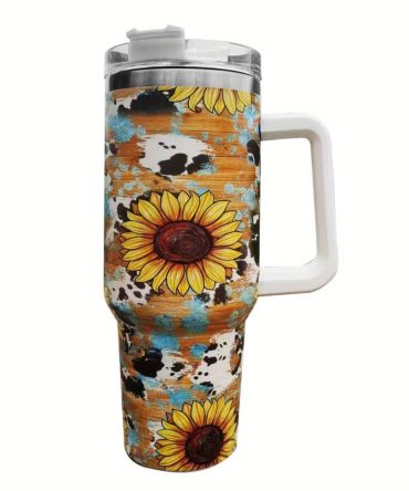 Sunflower Cow Custom Stanley Quencher 40Oz Stainless Steel Tumbler With Handle