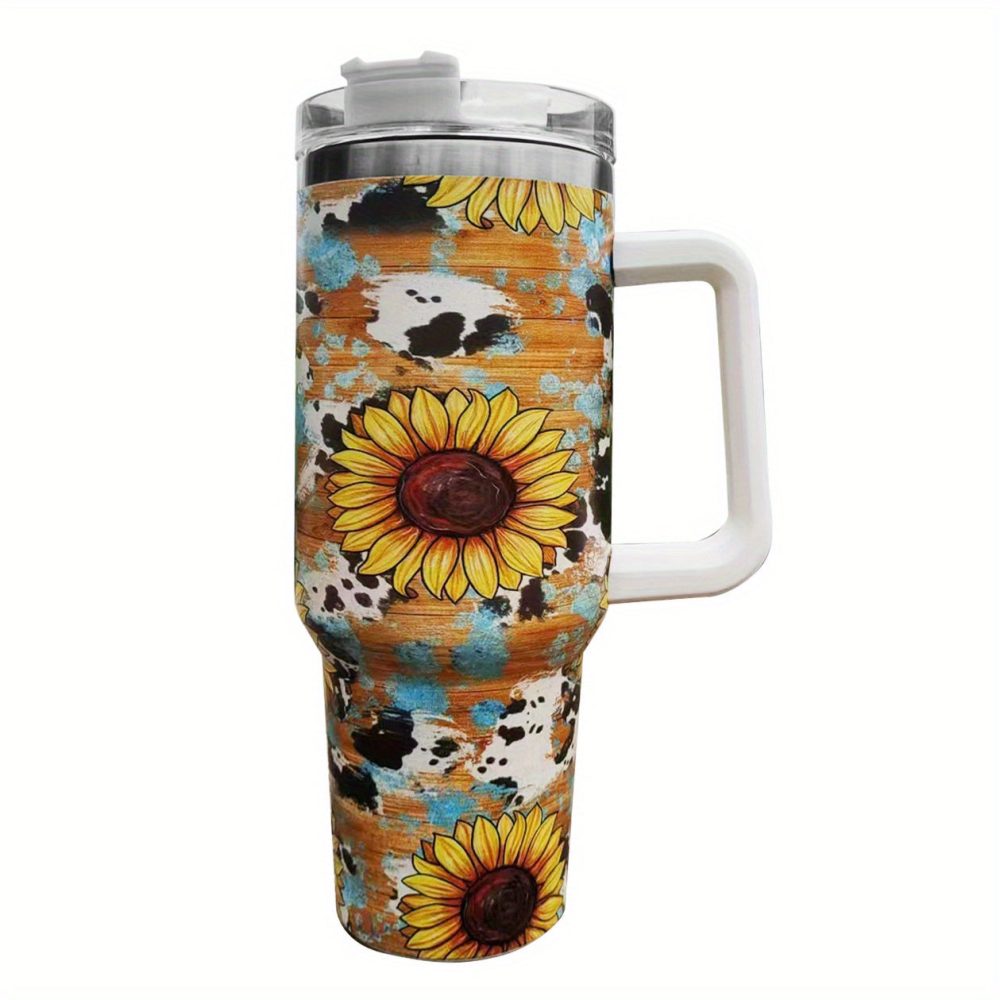 Sunflower Cow Custom Stanley Quencher 40Oz Stainless Steel Tumbler With Handle