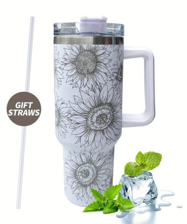 Sunflower Print Custom Stanley Quencher 40Oz Stainless Steel Tumbler With Handle