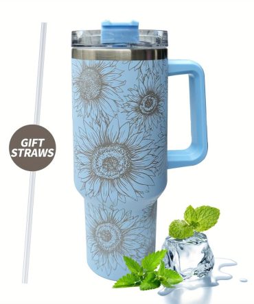 Sunflower Print Custom Stanley Quencher 40Oz Stainless Steel Tumbler With Handle