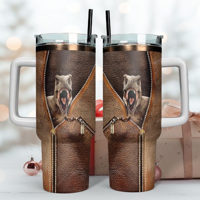 T-Rex Dinosaur Custom Stanley Quencher 40Oz Stainless Steel Tumbler With Handle - Image 4