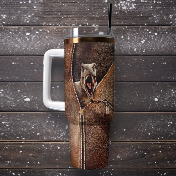 T-Rex Dinosaur Custom Stanley Quencher 40Oz Stainless Steel Tumbler With Handle - Image 2