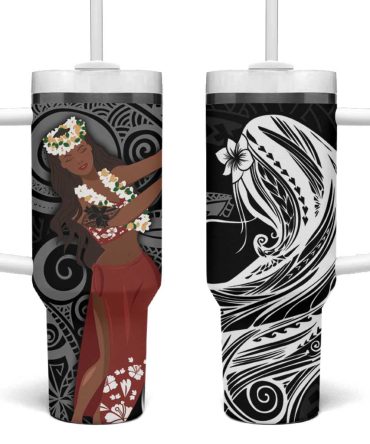 Tahiti Islands Polynesian Plumeria Tahitian Vahine #8216;Ote #8217;A Black Custom Stanley Quencher 40Oz Stainless Steel Tumbler With Handle