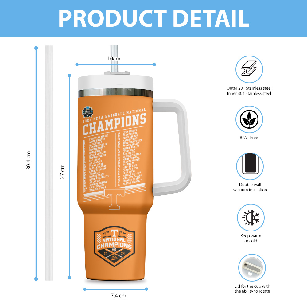Tennessee Volunteers Baseball Ncaa Custom Stanley Quencher 40Oz Stainless Steel Tumbler With Handle - Image 3