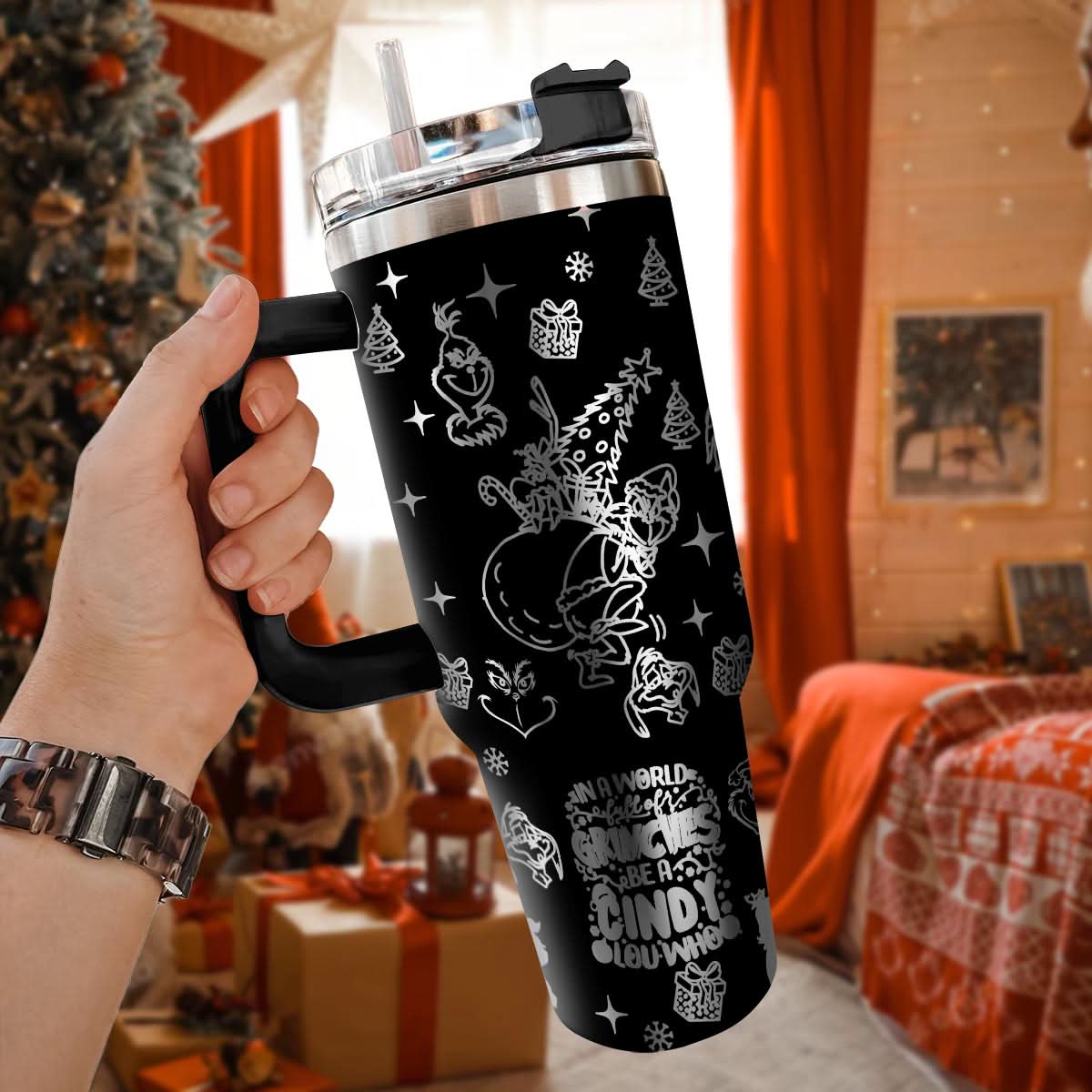 The Grinch Movies Christmas Custom Stanley Quencher 40Oz Stainless Steel Tumbler With Handle - Image 3