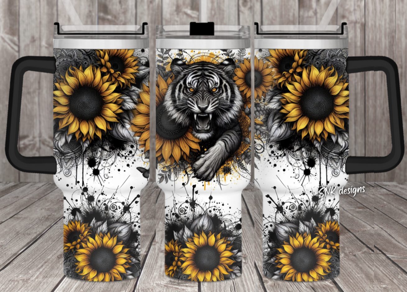 Tiger Sunflower Custom Stanley Quencher 40Oz Stainless Steel Tumbler With Handle