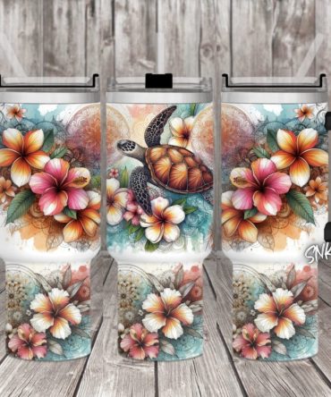 Turtle With Hibiscus Flowers Custom Stanley Quencher 40Oz Stainless Steel Tumbler With Handle