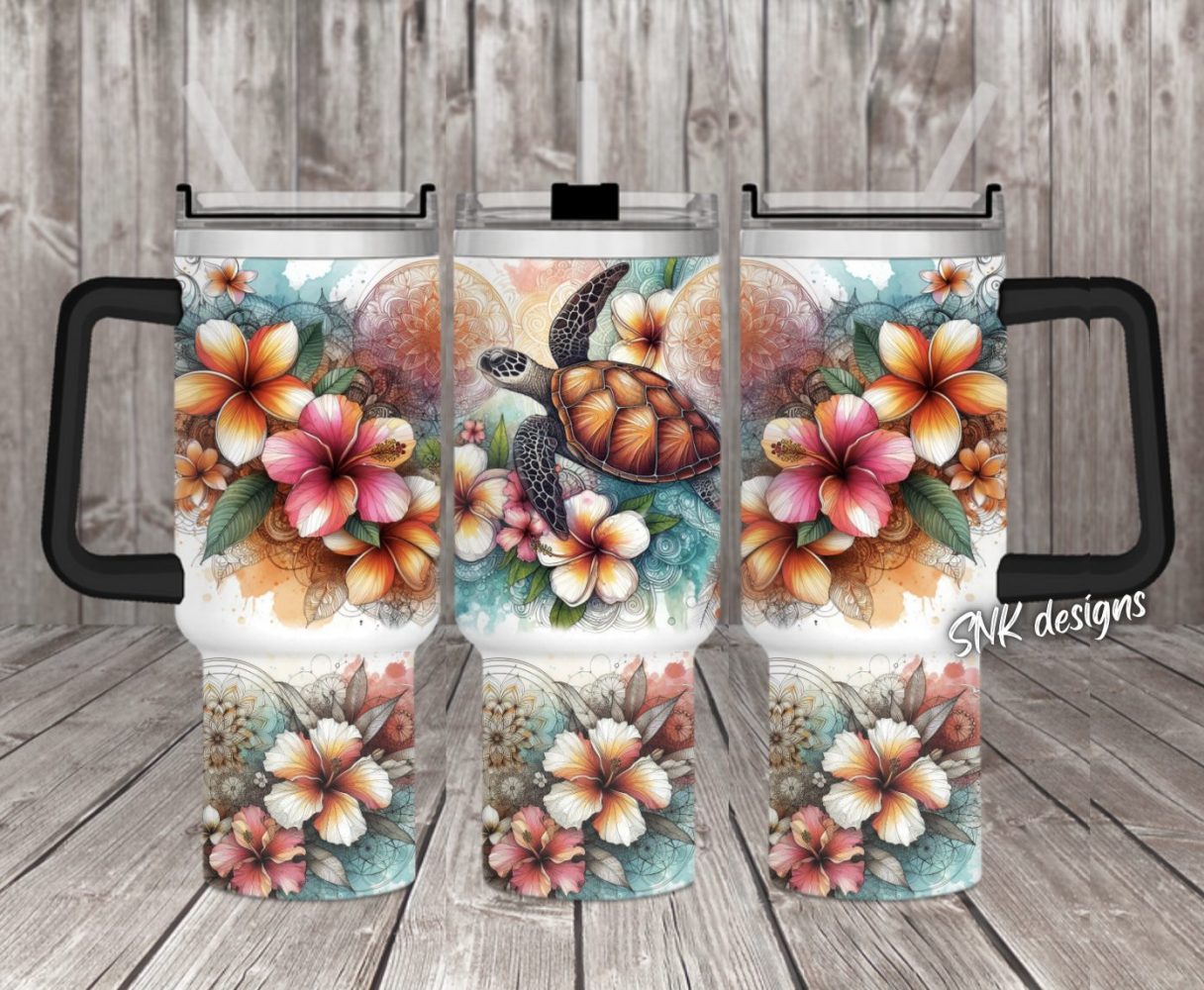 Turtle With Hibiscus Flowers Custom Stanley Quencher 40Oz Stainless Steel Tumbler With Handle
