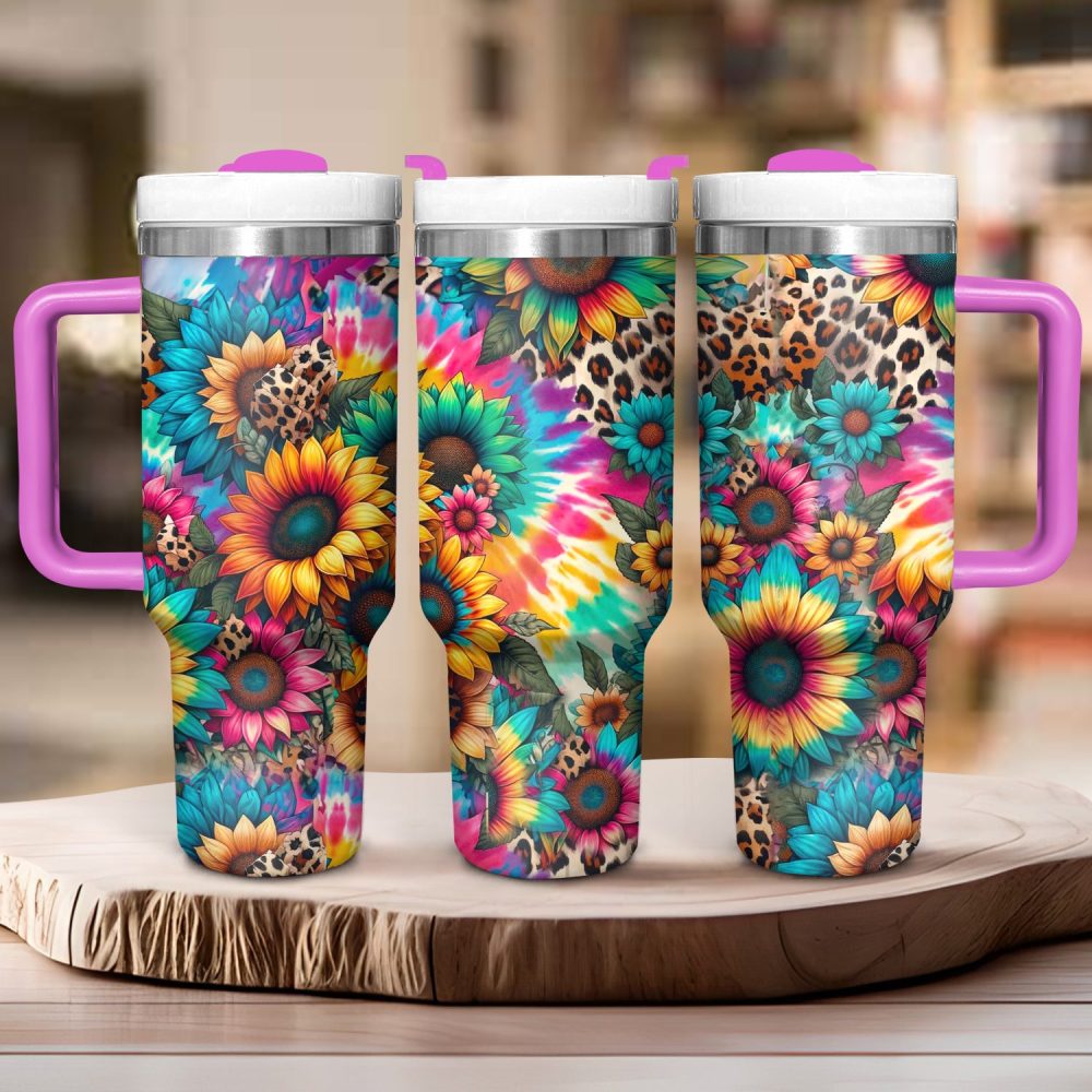 Vibrant Sunflower Custom Stanley Quencher 40Oz Stainless Steel Tumbler With Handle
