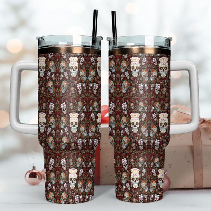 Vintage Skull Nurse Custom Stanley Quencher 40Oz Stainless Steel Tumbler With Handle - Image 4