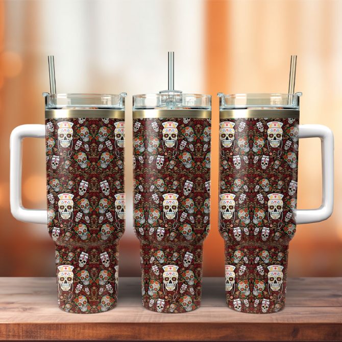 Vintage Skull Nurse Custom Stanley Quencher 40Oz Stainless Steel Tumbler With Handle