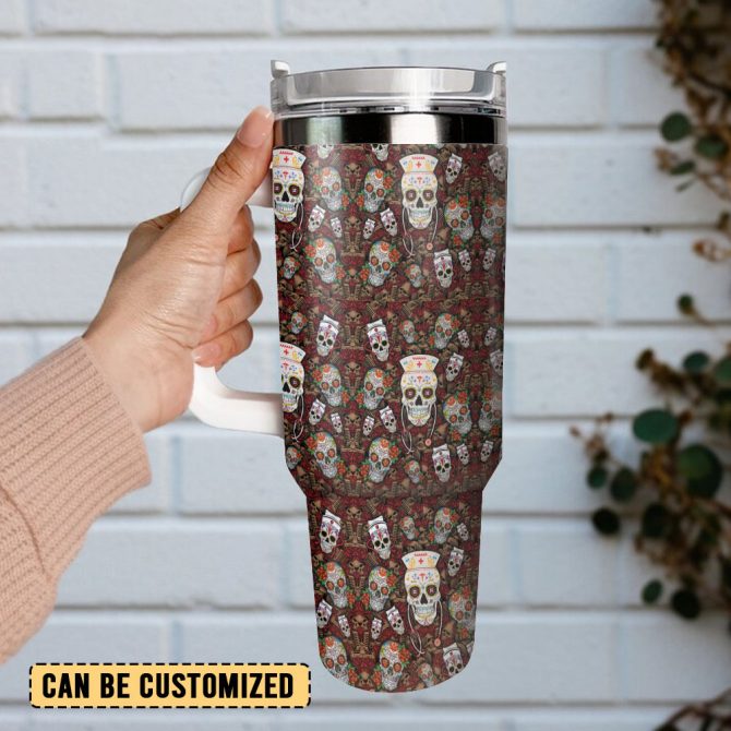 Vintage Skull Nurse Custom Stanley Quencher 40Oz Stainless Steel Tumbler With Handle - Image 3
