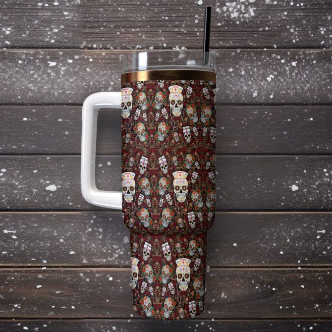 Vintage Skull Nurse Custom Stanley Quencher 40Oz Stainless Steel Tumbler With Handle - Image 2