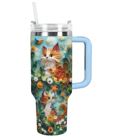 Whimsical Feathered Cat Custom Stanley Quencher 40Oz Stainless Steel Tumbler With Handle