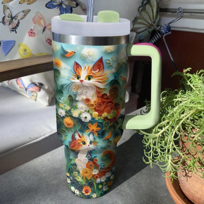 Whimsical Feathered Cat Custom Stanley Quencher 40Oz Stainless Steel Tumbler With Handle - Image 3